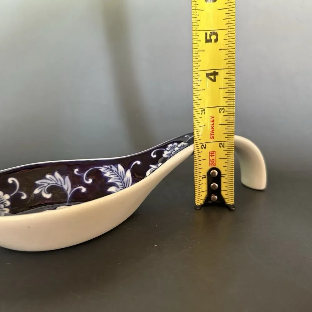 Vintage Pier 1 Blue White Ceramic Spoon Rest Floral Porcelain Kitchen Counter